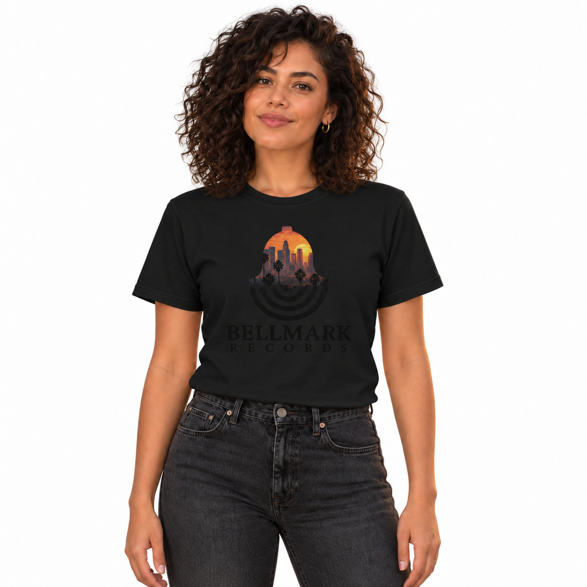 Woman wearing the black Bellmark Records Los Angeles t-shirt, studio view