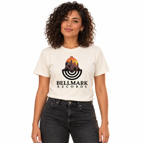 Woman wearing the natural Bellmark Records Los Angeles t-shirt, studio view