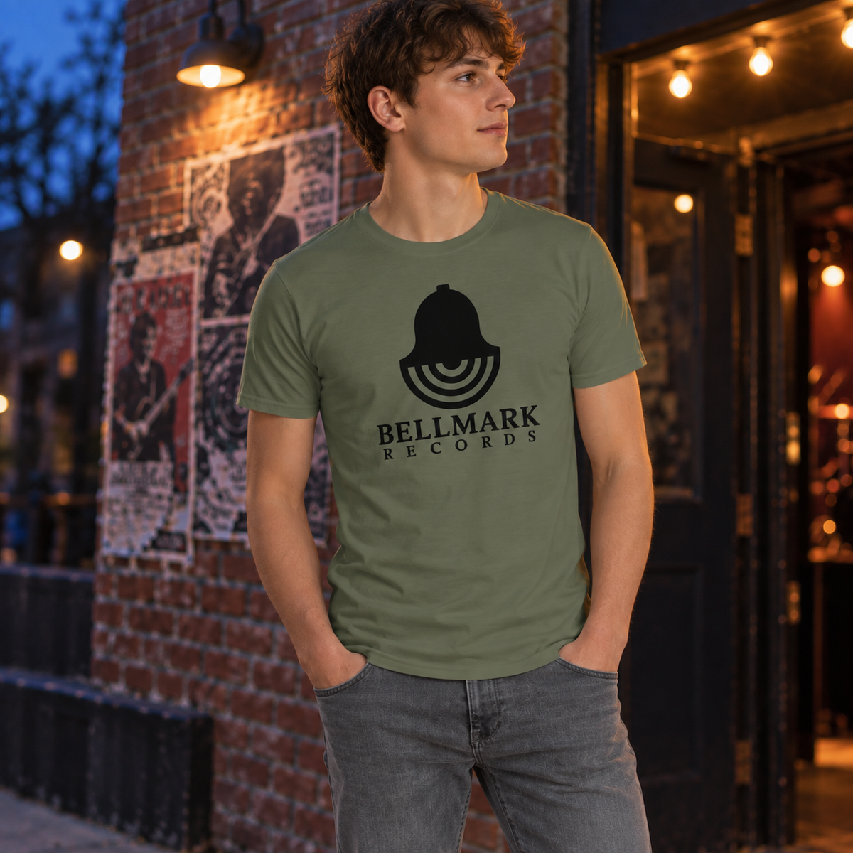 Model wearing the Bellmark Records t-shirt in military green