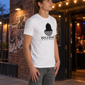 Man wearing the white Bellmark Records t-shirt with the bell logo outside a record shop