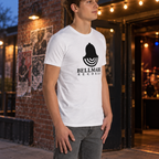 Man wearing the white Bellmark Records t-shirt with the bell logo outside a record shop