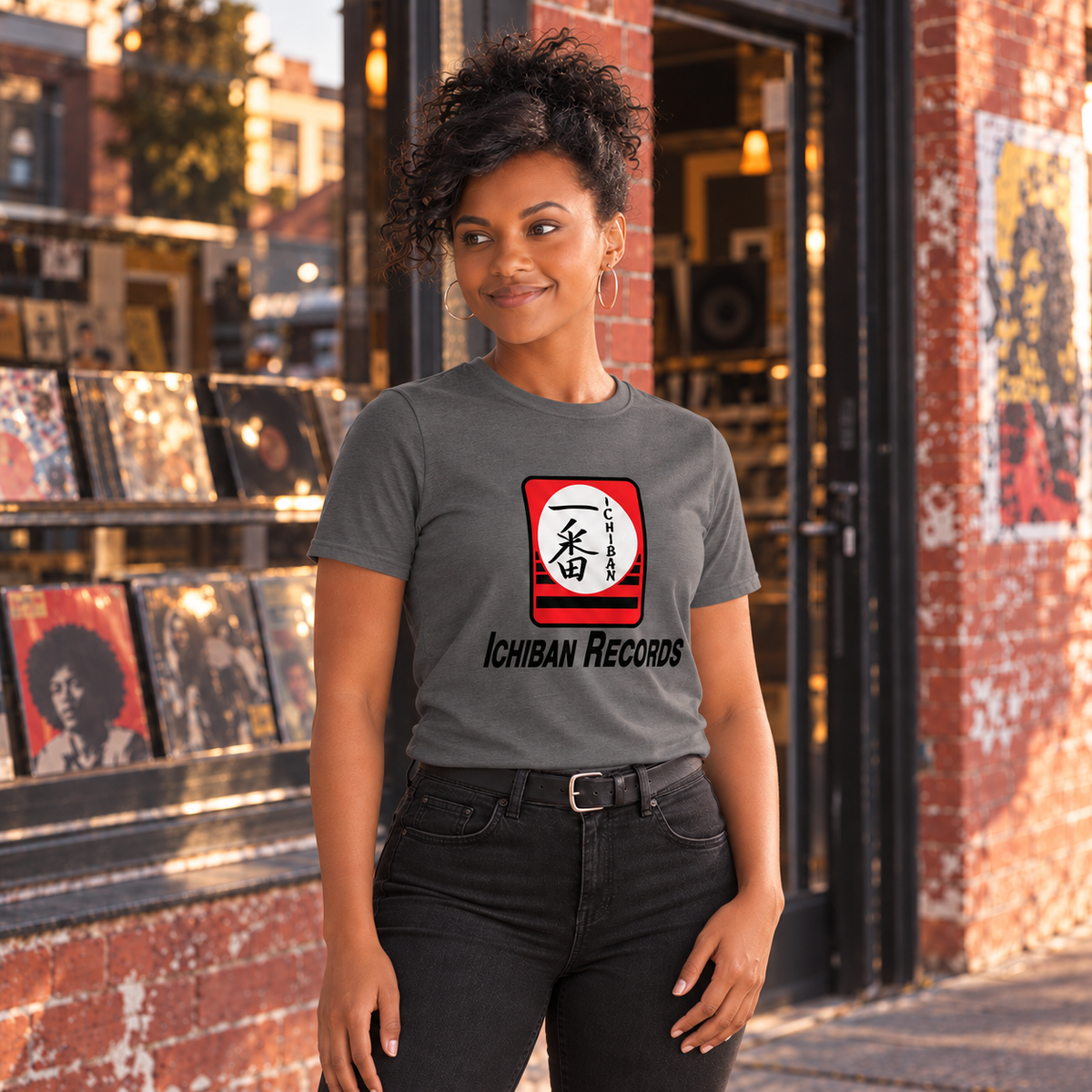 Model wearing the Ichiban Records t-shirt in charcoal