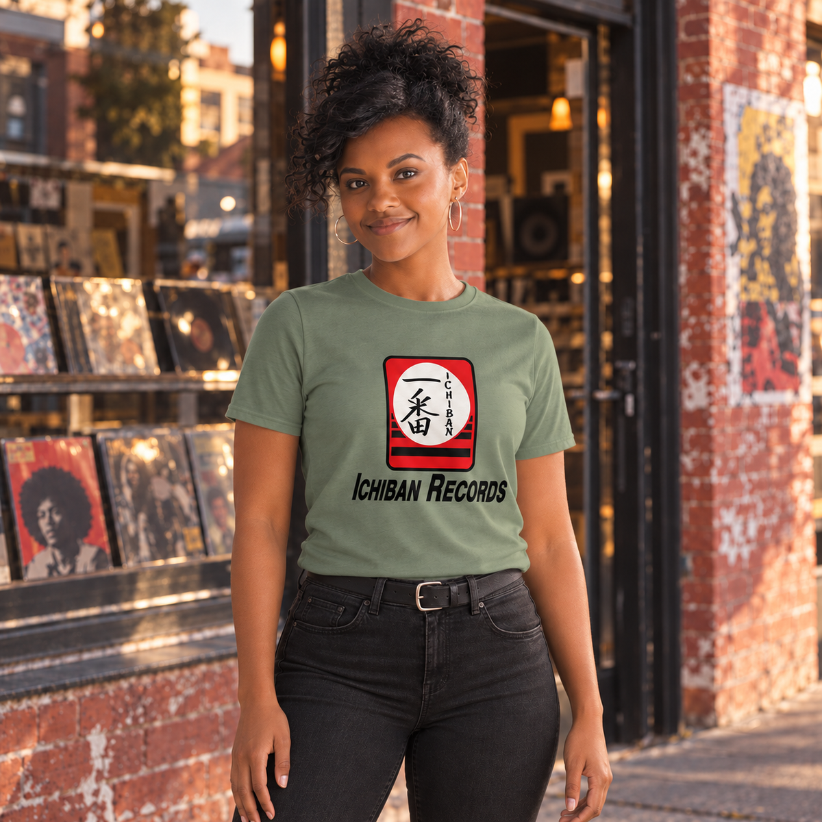 Model wearing the Ichiban Records t-shirt in military green