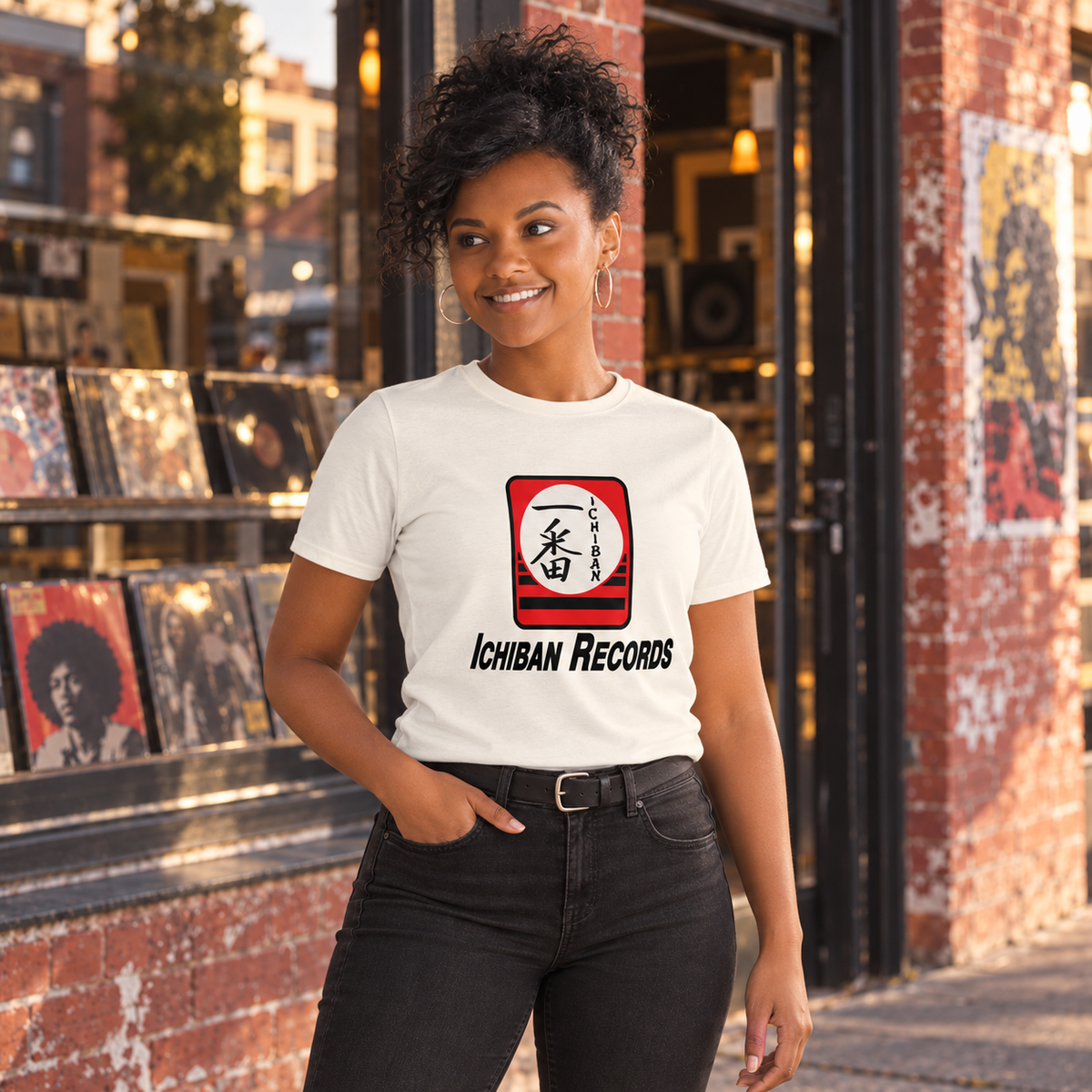 Model wearing the Ichiban Records t-shirt in natural