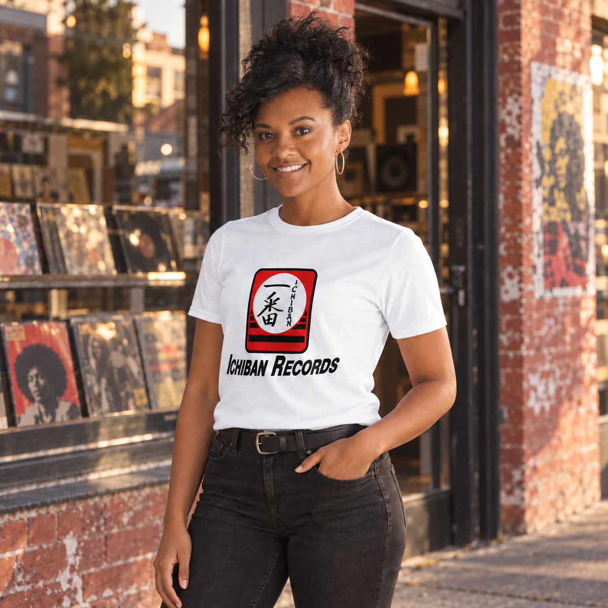 Woman wearing the white Ichiban Records t-shirt in front of a record shop