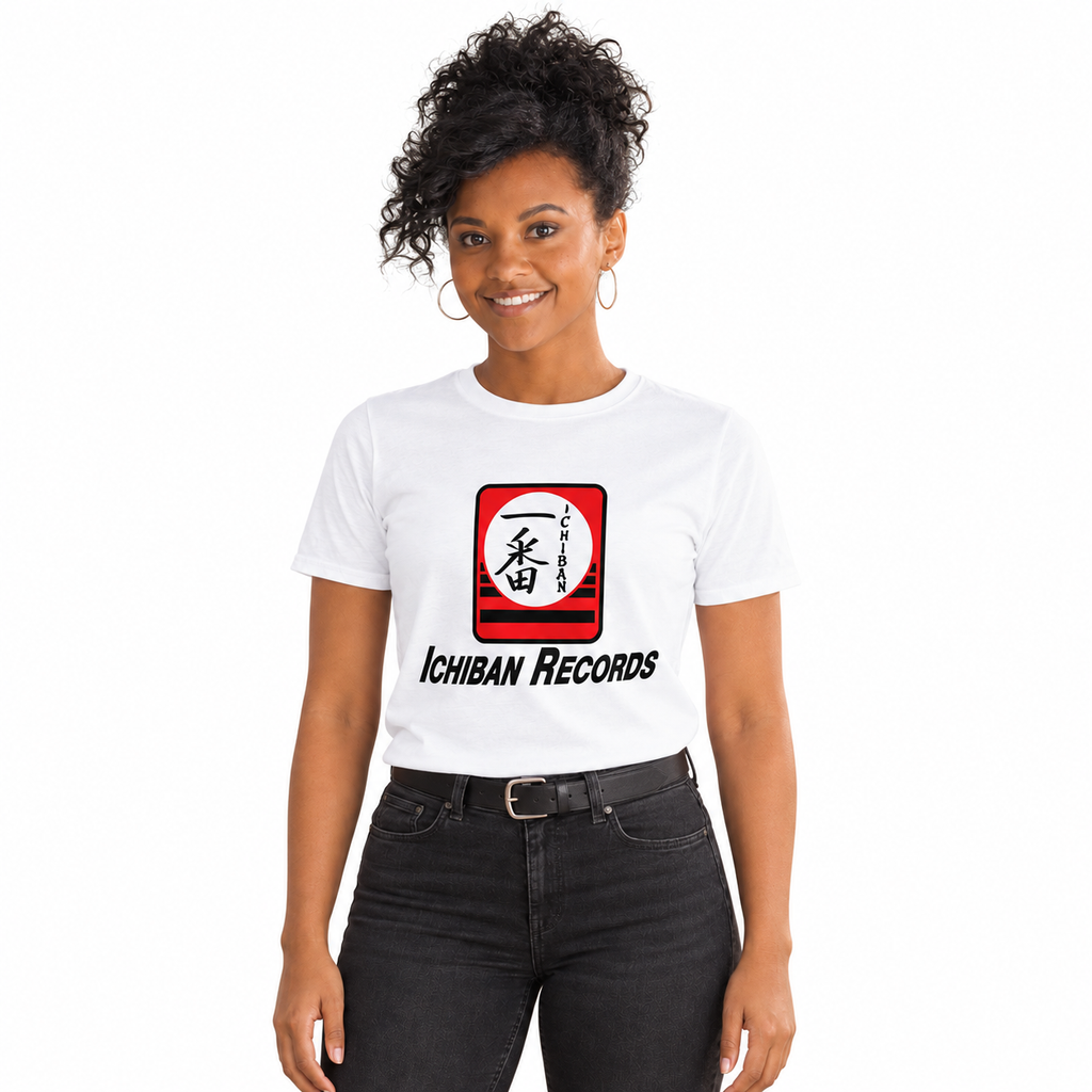 Woman wearing the white Ichiban Records t-shirt, studio view