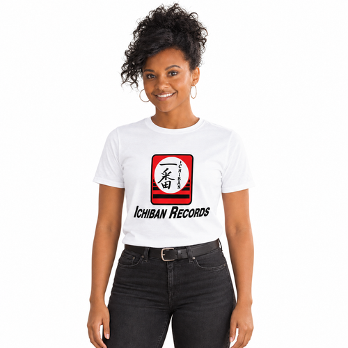 Woman wearing the white Ichiban Records t-shirt, studio view