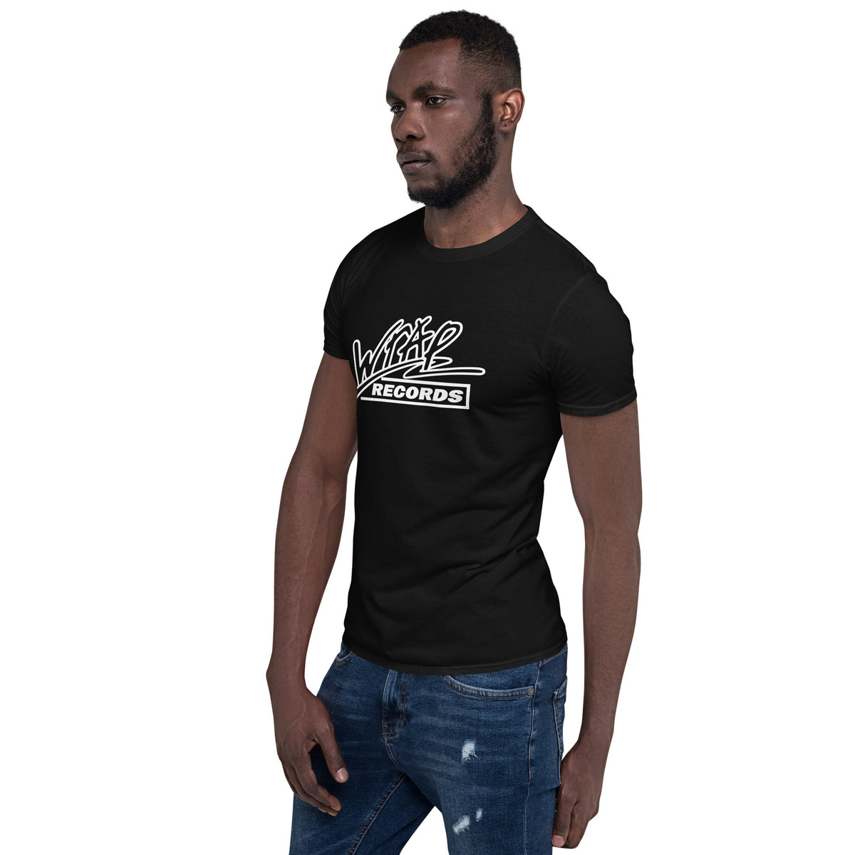 Man wearing the black Wrap Records t-shirt, three-quarter view