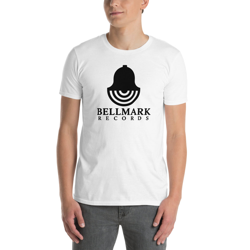 White Bellmark Records t-shirt with black bell logo, front view
